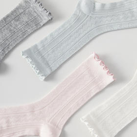 凉感桑蚕丝~春夏4双装女袜中筒袜 森系木耳边卷边 镂空透气网孔 百搭纯色女袜