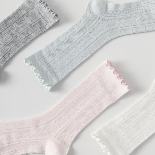 凉感桑蚕丝~春夏4双装女袜中筒袜 森系木耳边卷边 镂空透气网孔 百搭纯色女袜 商品图0