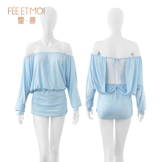 霏慕 纯欲露背斜肩长袖连衣裙6501 商品图7