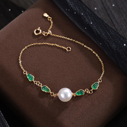 子佩集【福禄攸同】银S925珍珠惜王妃手链【MLSL007】8.4mm珠镀金葫芦绿玉髓2601 商品图0