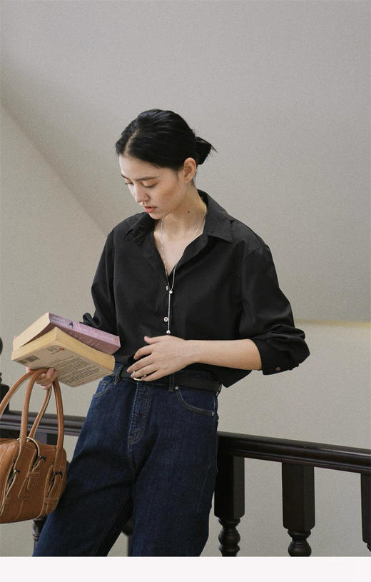 青乔慕染兰花金扣黑衬衫SYHJKCS 商品图3