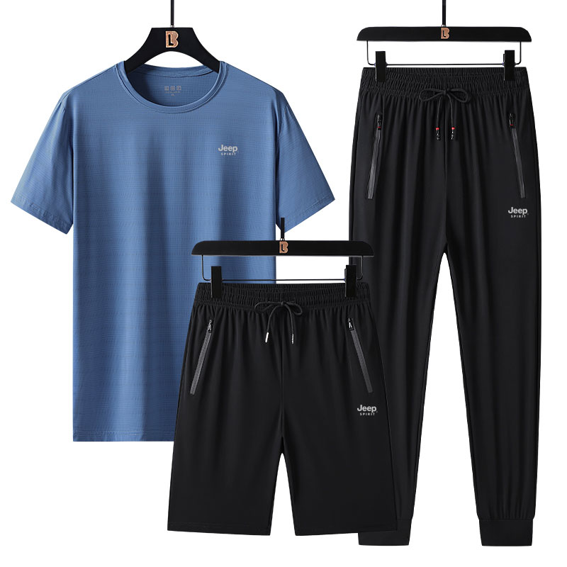 男女同款 【JEEP SPIRIT冰丝三件套9807款】高弹透气 薄款冰丝速干透气短袖+短裤+长裤休闲运动三件套  长裤可选束脚/直筒