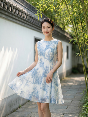 SC2S51 清新蓝白印花修身连衣裙 