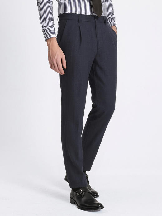 callisto藏青天丝亚麻混纺鱼骨纹微直筒西裤 商品图3