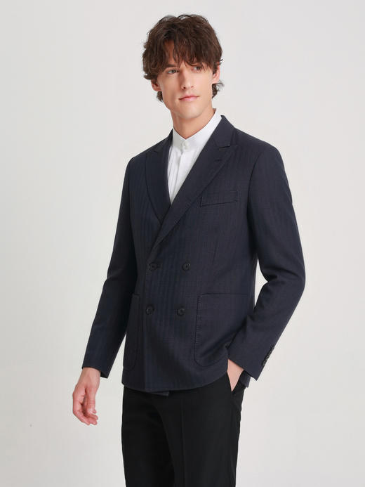 callisto藏青天丝亚麻混纺宽戗驳领双排扣西服 商品图3