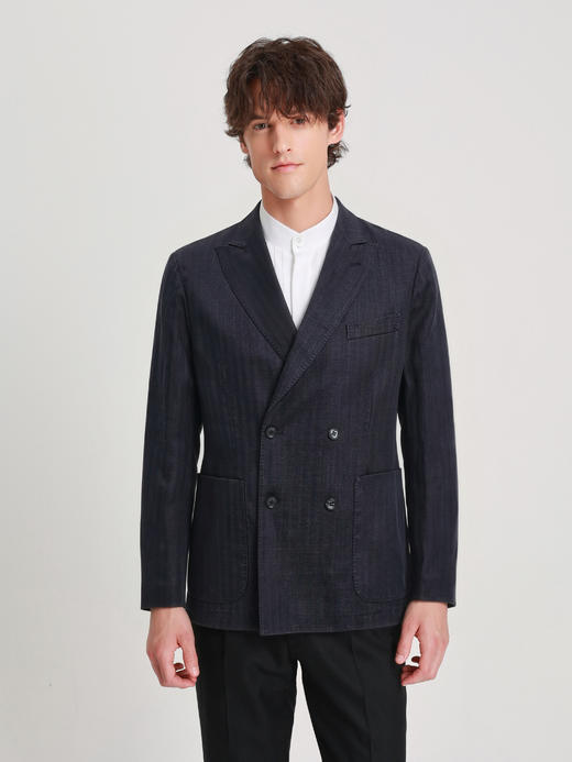 callisto藏青天丝亚麻混纺宽戗驳领双排扣西服 商品图2