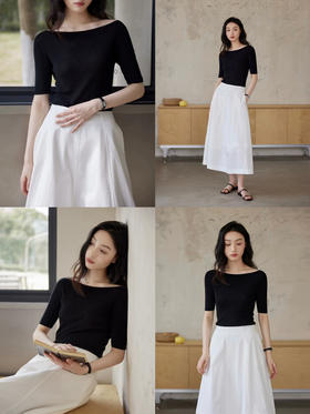 直发 巨显瘦！单一字领显瘦中袖针织衫+款八片立裁花苞裙液氨棉半身裙