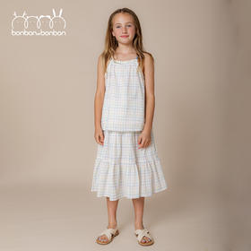 彩格棉麻吊带上衣/半身裙套装