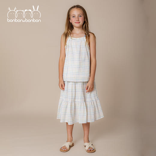 彩格棉麻吊带上衣/半身裙套装 商品图0