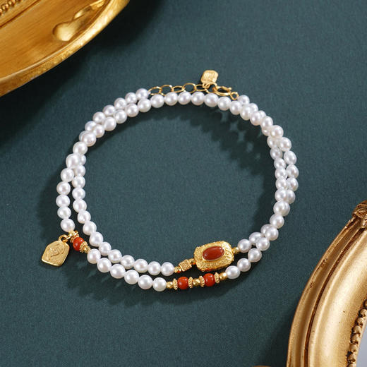 子佩集【福蕴长华】银S925珍珠惜王妃手链【QNS0007】3mm珠镀金南红方块2601 商品图0