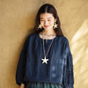 绽放123朵/色织亚麻拼接半开襟T恤女上衣下摆可系带旅行文艺小衫 商品缩略图1