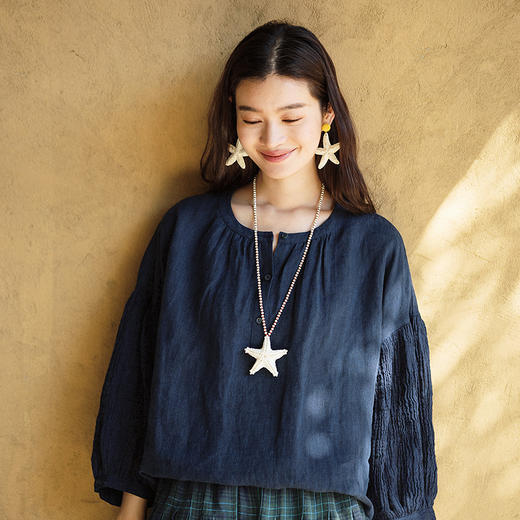 绽放123朵/色织亚麻拼接半开襟T恤女上衣下摆可系带旅行文艺小衫 商品图1