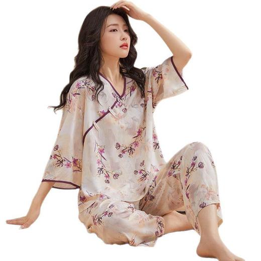 新中式睡衣女春夏秋季新款绵绸盘扣七分袖长裤甜美国风家居服套装L-2XL★娃娃优选 商品图4