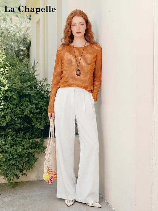天猫同步【超亲肤柔软】拉夏贝尔/La Chapelle春夏新款含绵羊毛圆领镂空针织衫宽松显瘦防晒罩衫 商品图1