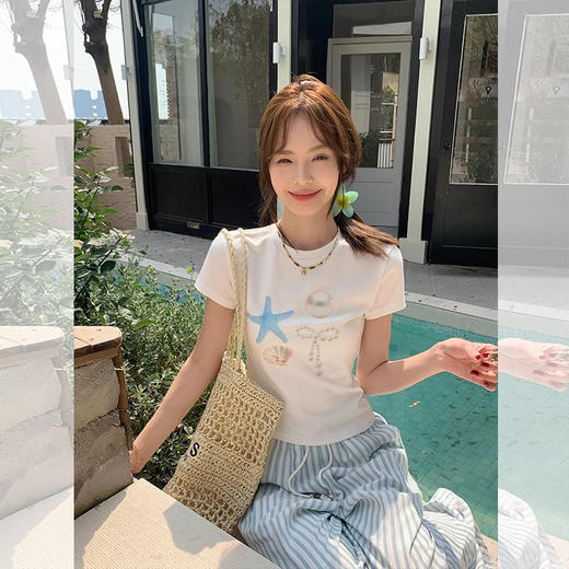 西遇度假风海星贝壳印花短袖T恤女2026夏季新款修身显瘦百搭上衣SS060258 商品图4