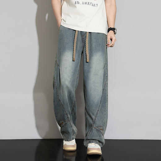 【DYF】大依优型大码男装春季天丝莱赛尔阔腿牛仔裤垂顺版松紧腰直筒长裤 商品图2