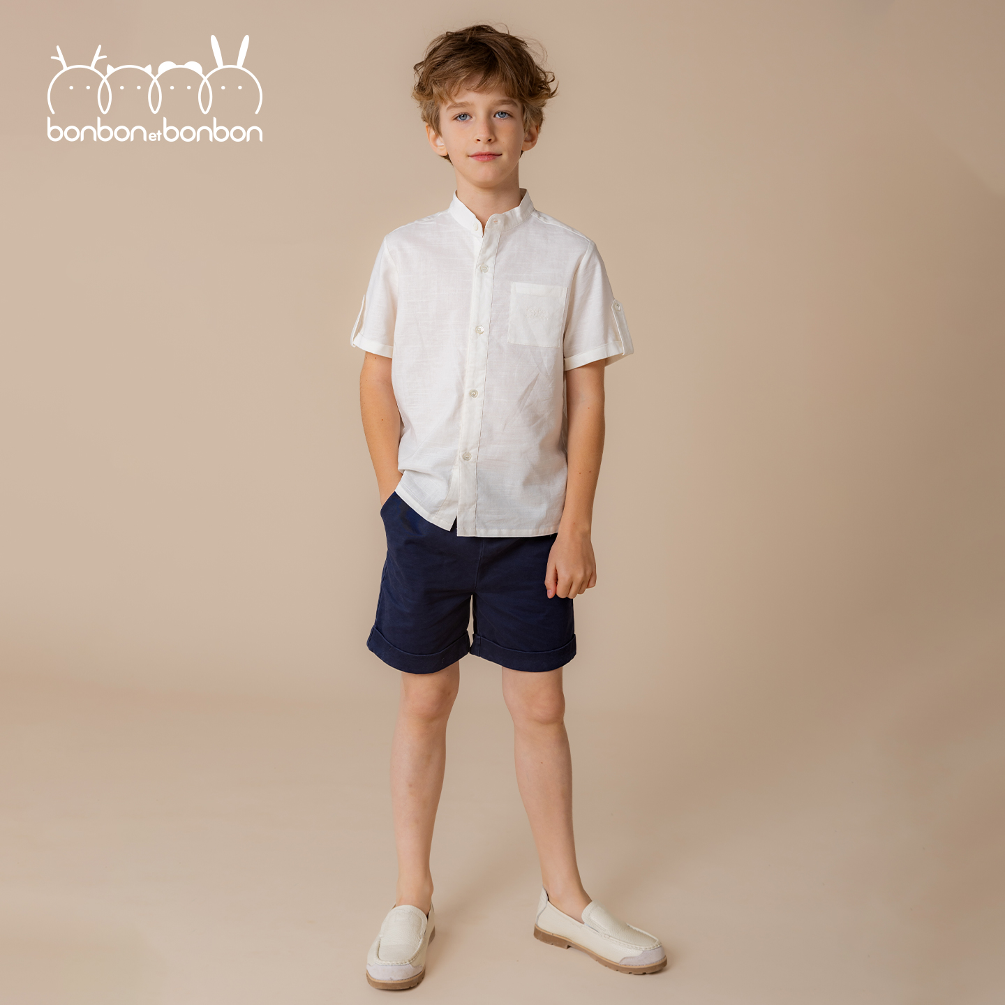 翻折边棉麻短袖衬衫