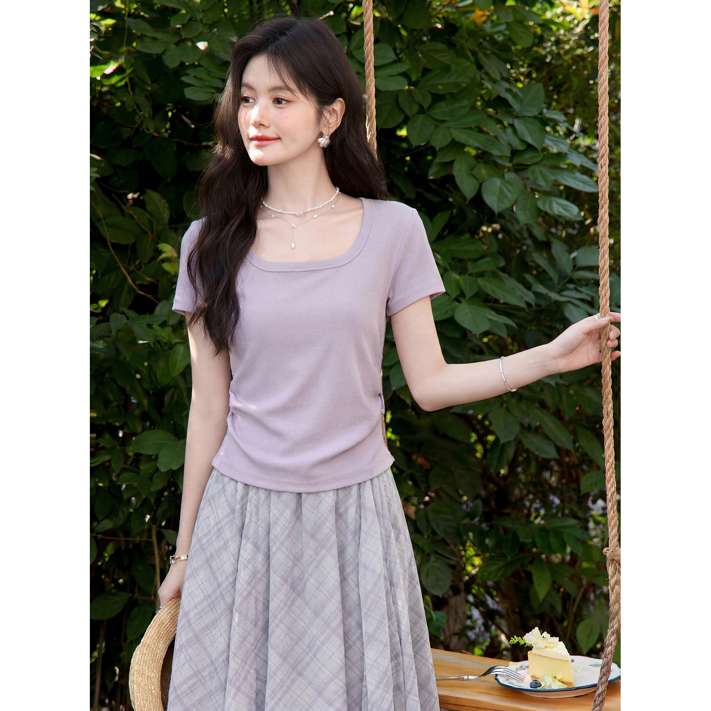 鹿向南【0328/20:00新品前1小时5折限量100件】修身短袖紫色T恤女