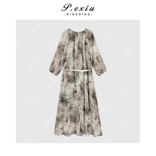 PanYiXiu/潘依绣天丝高级感晕染压褶系带气质长袖连衣裙 W-63217 商品图2