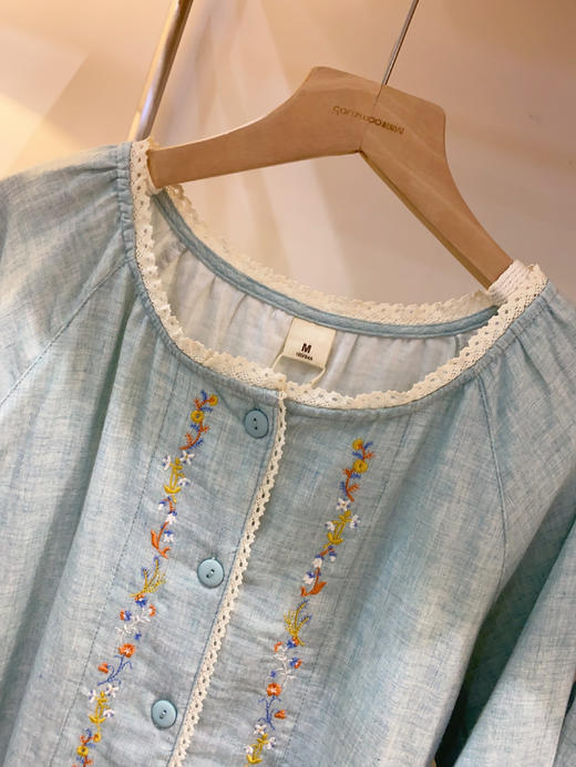 松植屋《织花》女士圆领蕾丝边小刺绣全棉双层纱布长袖长裤睡衣家居服套装 商品图5