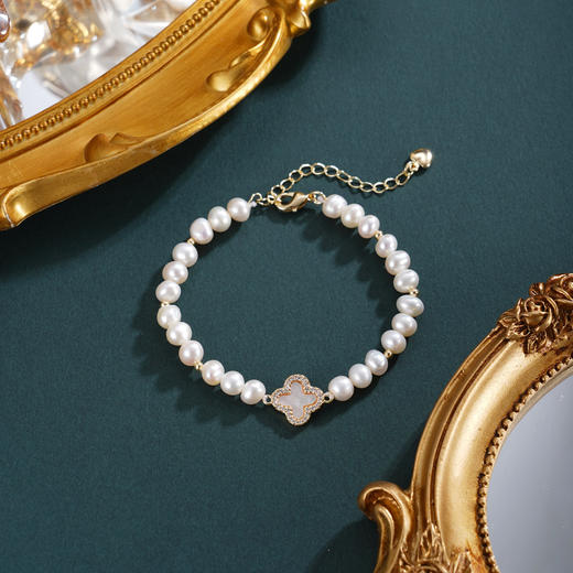 子佩集【四叶寄情】珍珠惜王妃手链【ZZSL008】5.5-6mm珠镀金四叶草2601 商品图7