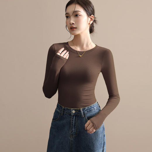 【莫代尔打底衫女款春秋】2026新款内搭咖色长袖t恤圆领修身薄款上衣、半高领打底衫 百搭，显瘦 商品图1