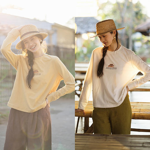 绽放161朵/树屋T*汉麻棉混纺圆领针织长袖绣花T恤女上衣宽松显瘦 商品图0