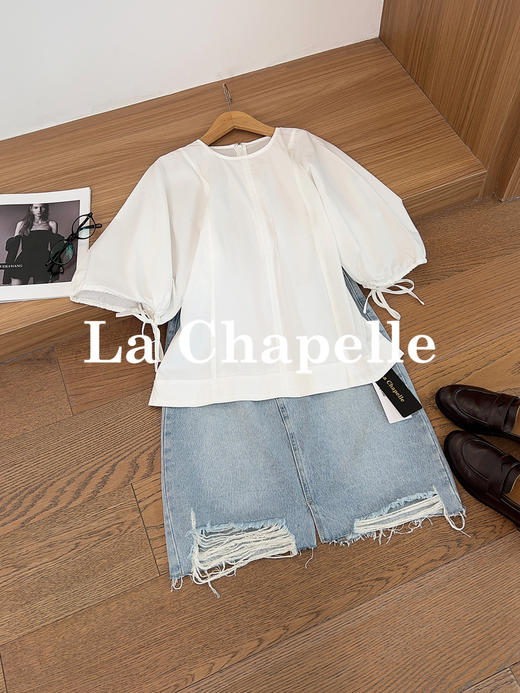 专柜实拍【商场同款！】拉夏贝尔/La Chapelle极简圆领泡泡袖抽绳后背拉链全棉短袖衬衣百搭纯色上衣 商品图4