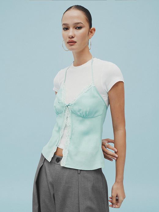 TR她热 尼斯日光 薄荷绿铜氨丝蕾丝拼接度假感露背挂脖系带背心吊带 商品图4