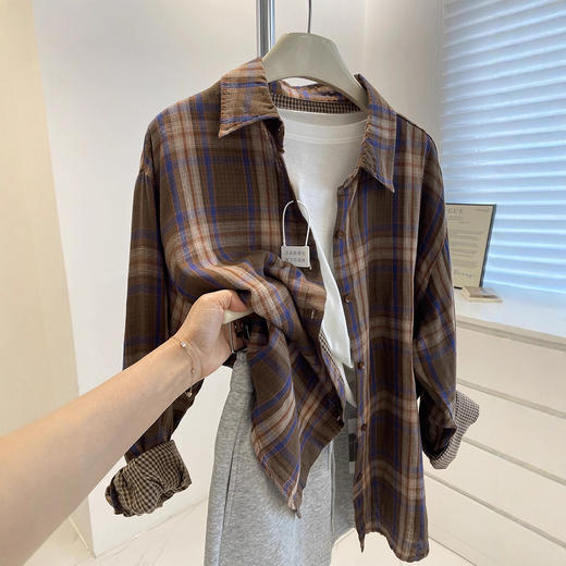 高质感双层棉纱复古格衬衫 春夏季慵懒风宽松显瘦防晒长袖衬衣 休闲风薄外套 商品图4