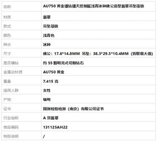 【天然正品】A货翡翠AU750黄金镶钻镶天然细腻浅青冰种佛公造型翡翠吊坠项链 佛公：17.6*14.8MM 131125AH22 商品图10