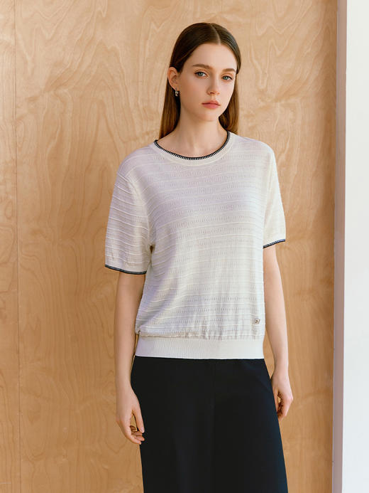 【条纹撞色条纹针织衫】26年春夏新品女士棉桑蚕丝亚麻混纺圆领短袖针织套衫 商品图0