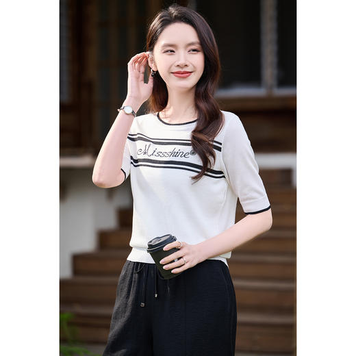 米思阳2026春夏新款优雅慵懒风撞色条纹针织衫短袖T恤上衣女0780/1045 商品图1