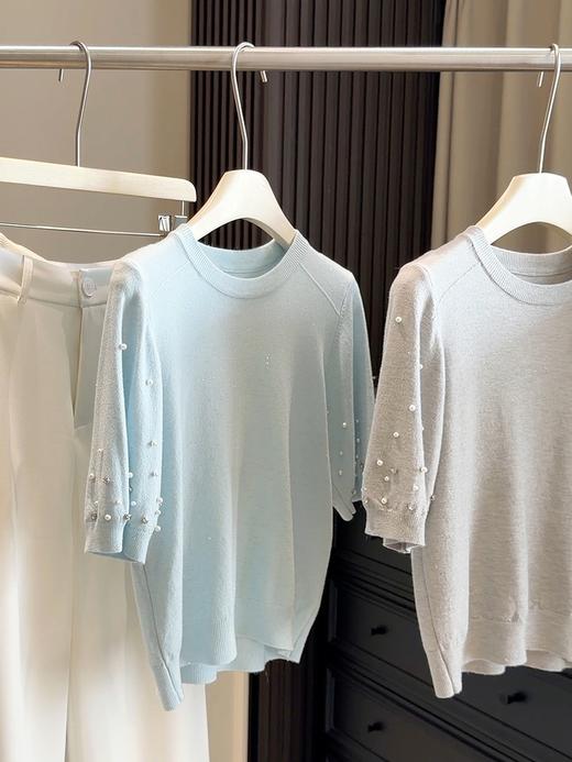 2026夏季新款 韩版小众设计感珍珠点缀宽松百搭针织衫 短袖T恤上衣女 商品图4