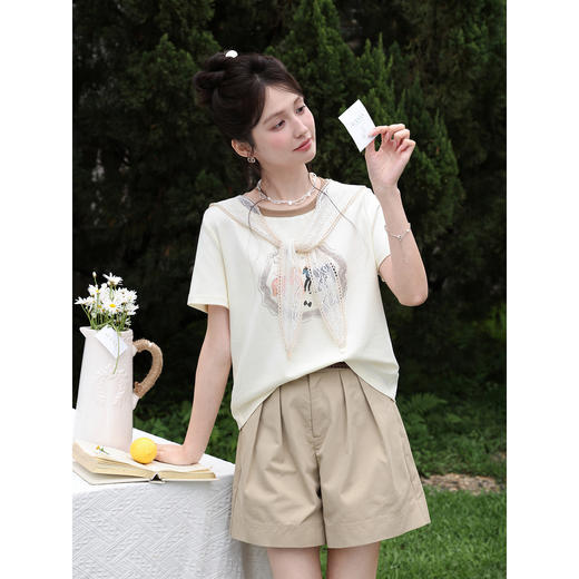 鹿向南【0328/20:00新品前1小时7折限量100件】米白色T恤 商品图2