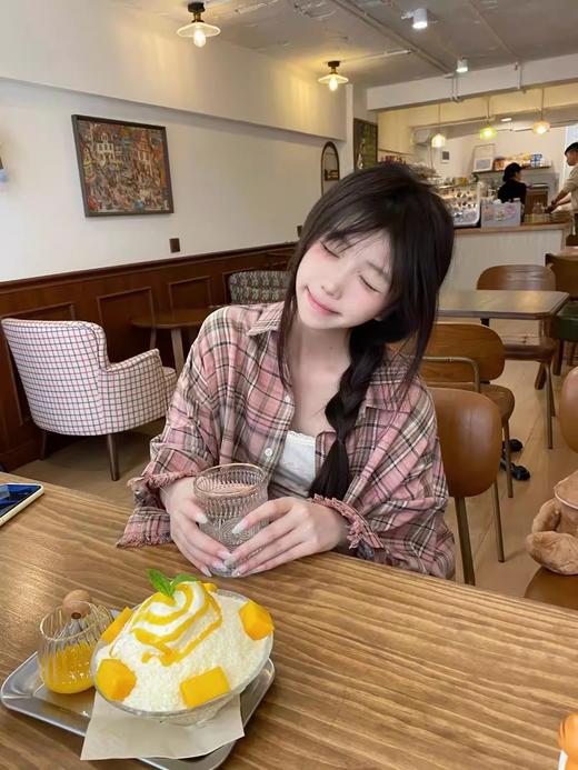 韩国东大门复古格纹翻领宽松长袖衬衫 商品图1