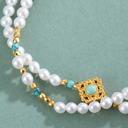 子佩集【芳华无界】银S925珍珠惜王妃手链【QNS0001】3mm珠镀金绿松石葫芦四芒星2601 商品图3