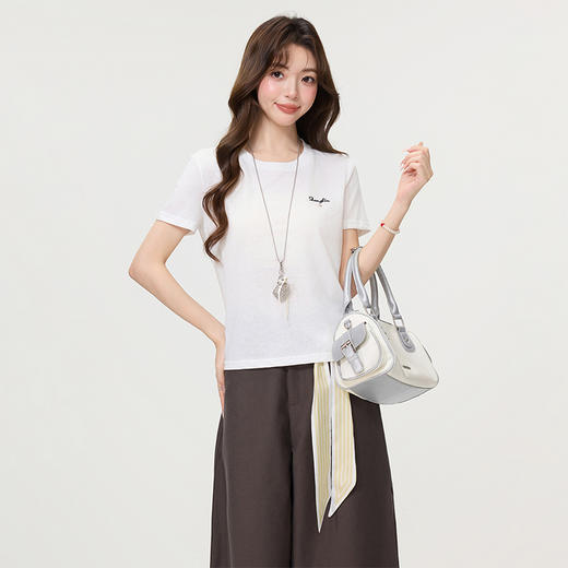 西遇字母刺绣白色短袖T恤女2026年夏季新款正肩圆领休闲百搭上衣SS060250 商品图0
