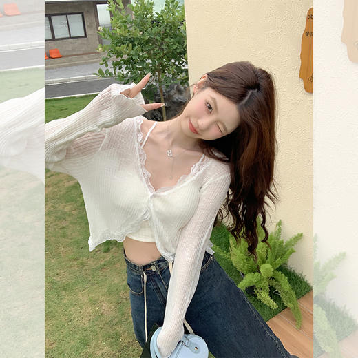 西遇纯欲蕾丝拼接针织开衫女2026春季新款防晒透气温柔风短款上衣SS060243 商品图1