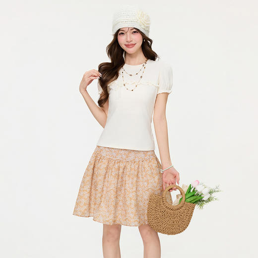 西遇复古拼接荷叶边蝴蝶结短袖T恤女2026夏新款蕾丝修身显瘦上衣SS060251 商品图2