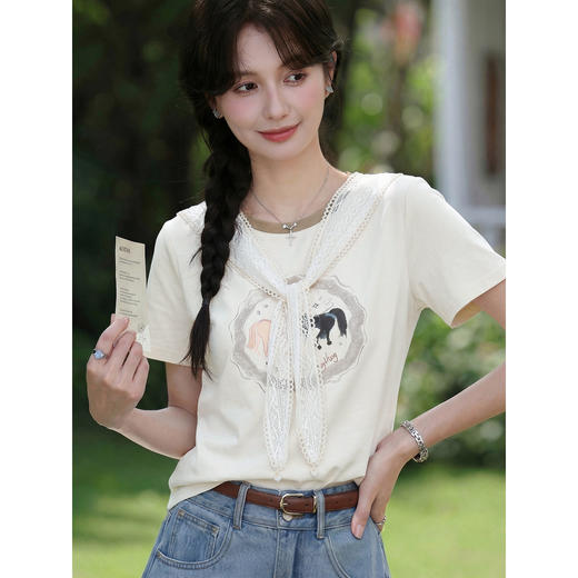 鹿向南【0328/20:00新品前1小时7折限量100件】米白色T恤 商品图0