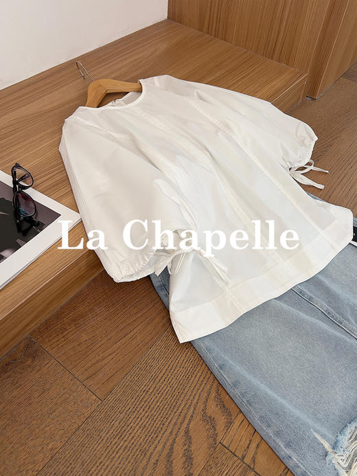 专柜实拍【商场同款！】拉夏贝尔/La Chapelle极简圆领泡泡袖抽绳后背拉链全棉短袖衬衣百搭纯色上衣 商品图6