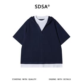 SDSA男装2026新款轻奢潮牌撞色假两件连帽短袖T恤百搭休闲上衣