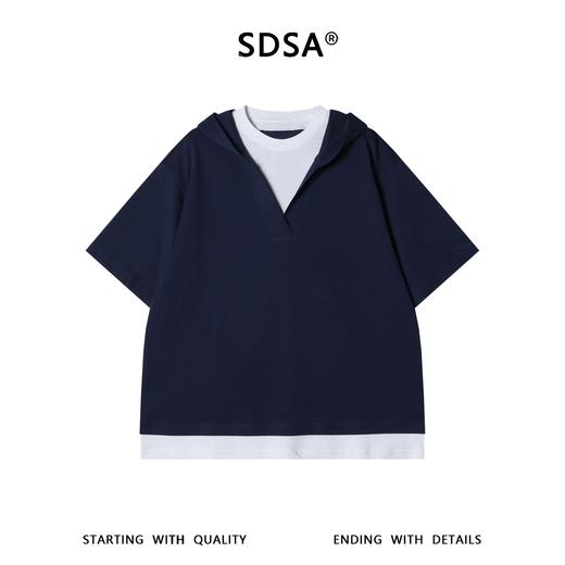 SDSA男装2026新款轻奢潮牌撞色假两件连帽短袖T恤百搭休闲上衣 商品图0
