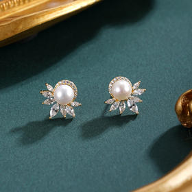 子佩集【花涧寻梦】银S925珍珠惜王妃耳钉【E4038】6mm珠镀金半花星芒2601