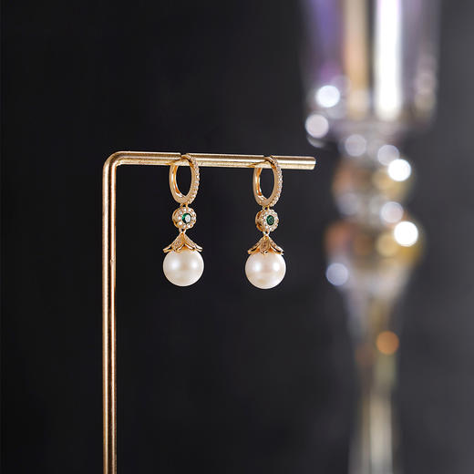 子佩集【缪斯华章】银S925珍珠惜王妃耳环【YE0966】9mm珠绿镀金圆圈扣环2601 商品图1