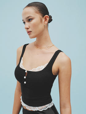 TR她热 午后花园 黑白蕾丝拼接珍珠扣带胸垫复古法式显瘦吊带背心 S/L预售