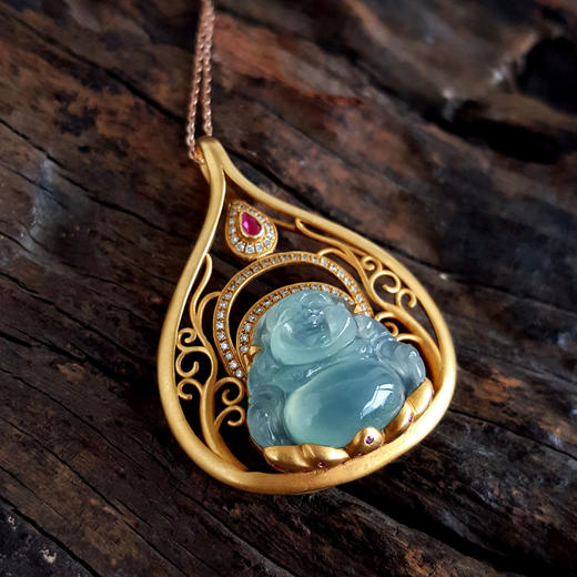 【天然正品】A货翡翠AU750黄金镶钻镶天然细腻浅青冰种佛公造型翡翠吊坠项链 佛公：17.6*14.8MM 131125AH22 商品图5