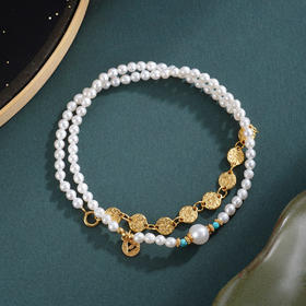 子佩集【璀璨年华】银S925珍珠惜王妃手链【QNS0010】3mm珠镀金绿松石三角之力金币2601