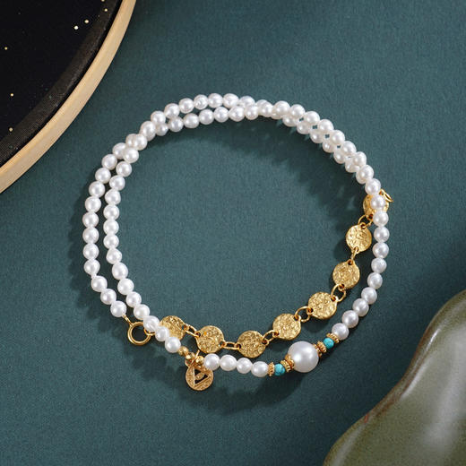 子佩集【璀璨年华】银S925珍珠惜王妃手链【QNS0010】3mm珠镀金绿松石三角之力金币2601 商品图0